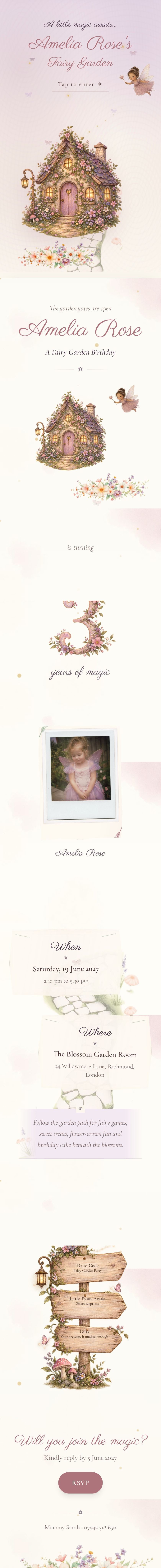 Amelia Rose's Fairy Garden invitation, from its cover through to the RSVP