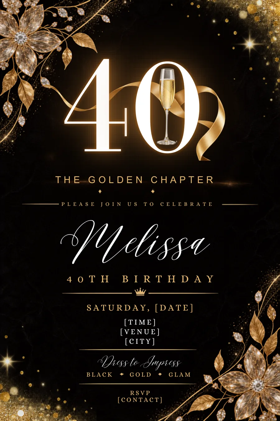 Melissa's 40th birthday still invitation, black and gold